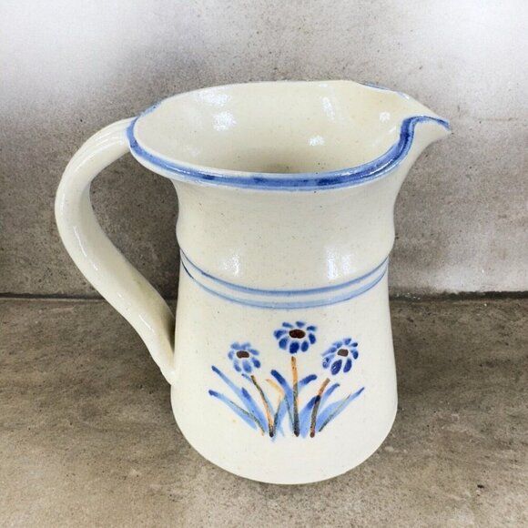 1984 Stoneware Pottery Pitcher Carafe With Blue Flowers Artist Signed Ron L VTG - Picture 1 of 16